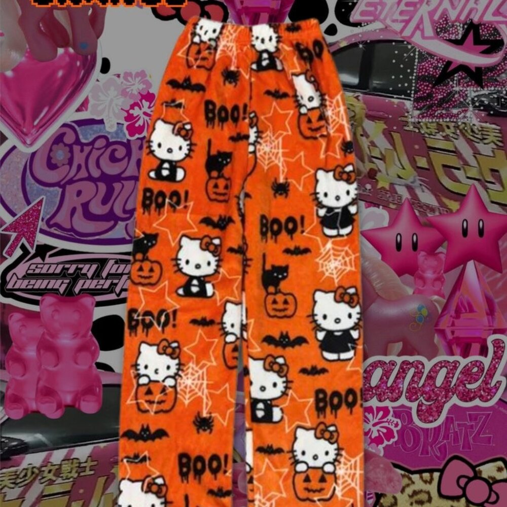 Orange Hello Kitty Halloween Pajama Pants Sanrio Y2K Women’s Woolen Loung Pants